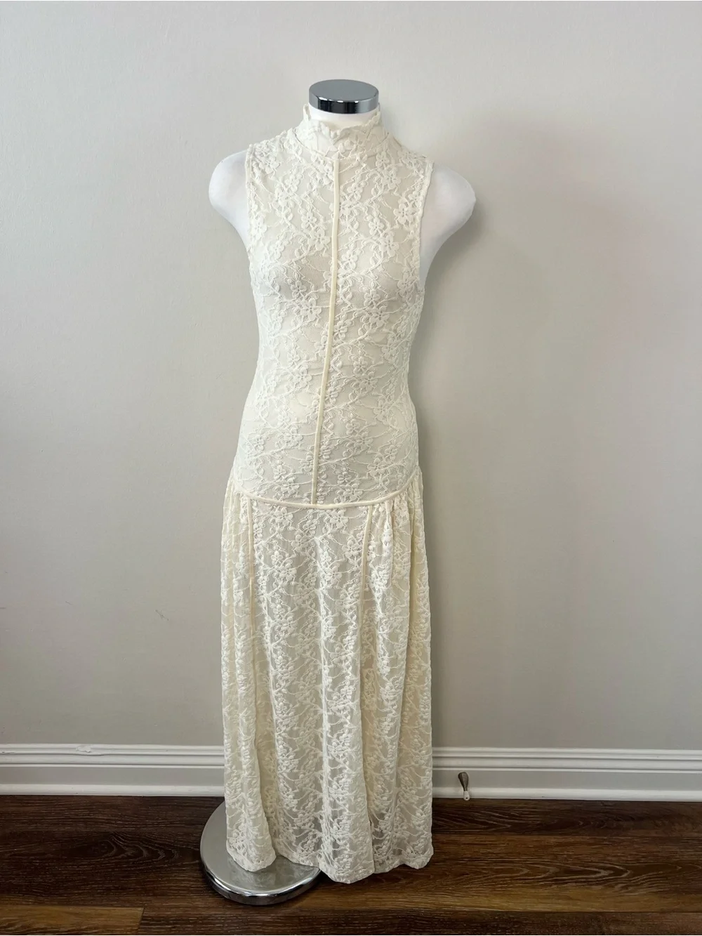 ZARA NWT Ecru Lace Maxi Dress Size S Sheer Mock Neck Wedding Bridal Boho - Picture 3 of 15